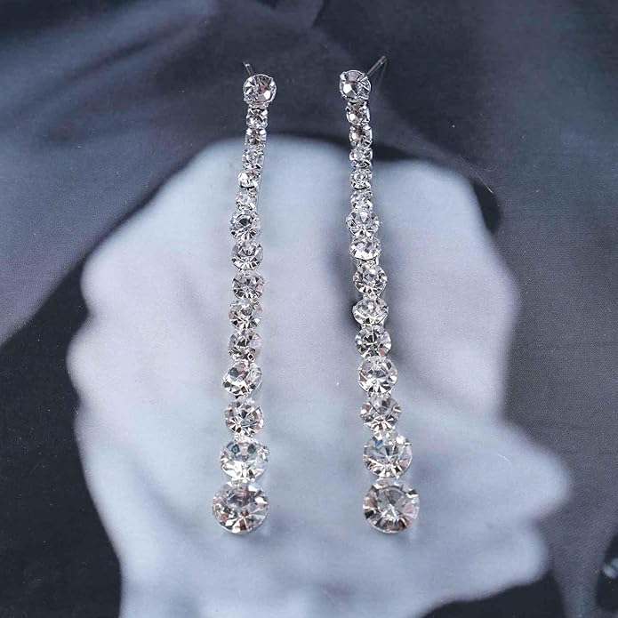 Vintage Rhinestone Chain Drop Earrings Silver Linear Crystal Earrings Sparkle Cz Tassel Earrings Long Cz Chain Stud Earrings Jewelry for Women and Girls