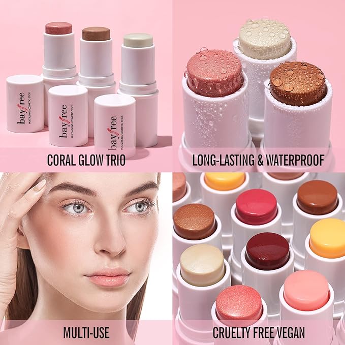 KIMUSE Multi Stick Trio Face Makeup, Cream Blush Stick for Cheeks & Lips, Contour Stick & Highlighter Makeup Sticks for All Skin