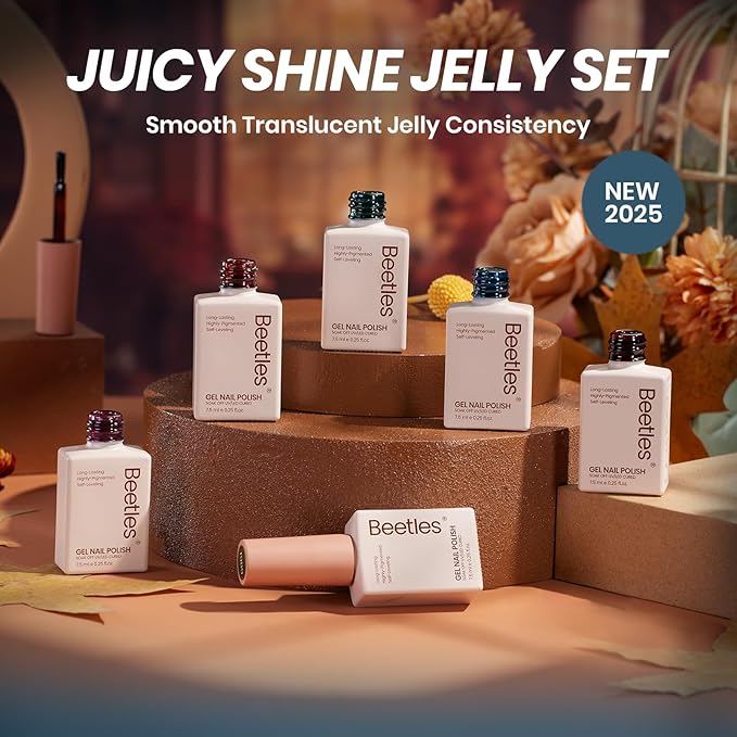 Beetles Jelly Gel Nail Polish Set - 6 Colors Mocha Brown Burgundy Red Purple Green Blue Fall Gel Polish Kit Sheer Translucent Effect Soak Off UV Midnight Syrup Nail Art Manicure Gift for Women
