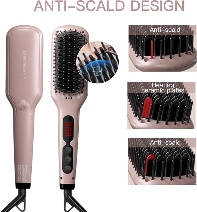 MEGAWISE Pro Ceramic Ionic Hair Straightener Brush for Home Salon | MCH Fast 20s Heating Tech with Auto-Off Safety | Anti-Scald with Universal Dual Voltage | Rotatable Power Cord