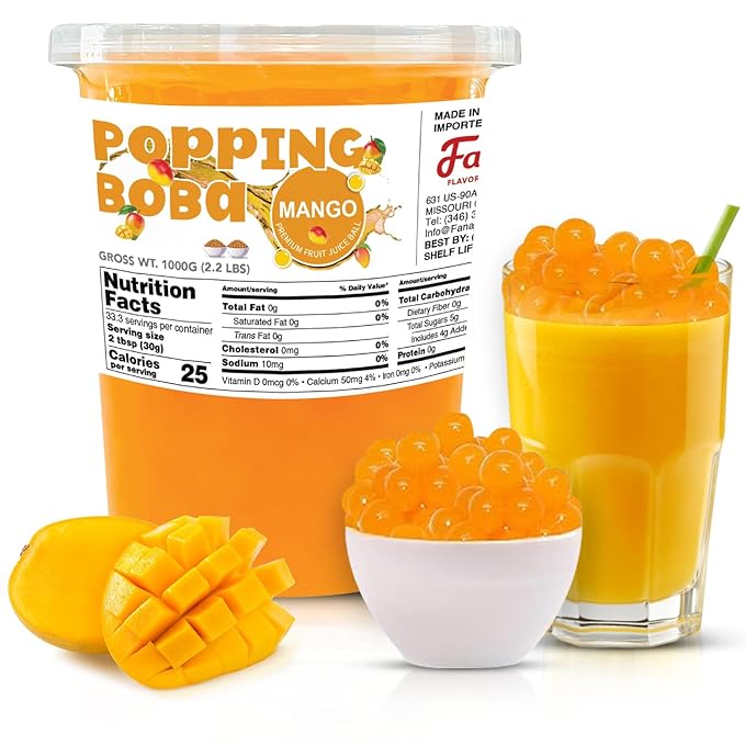 Fanale Mango Popping Boba Pearls, Vegan, Non GMO, Gluten Free, Fat Free, Perfect for Bubble Tea, Smoothies, Ice Cream, Desserts, and Beverages.