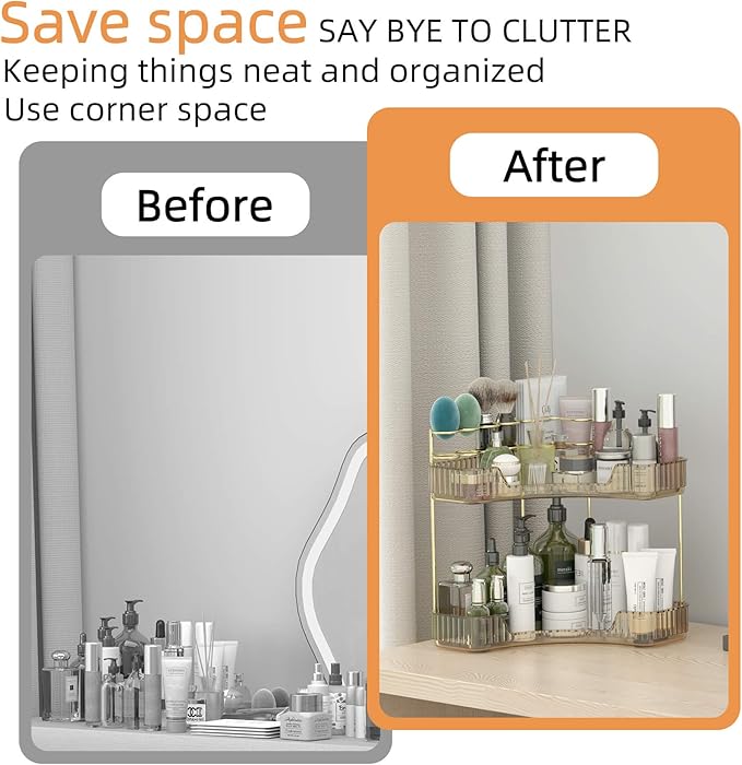 Corner Bathroom Counter Organizer with Top Toothbrush Holders, 2-Tier Make Up Organizers for Vanity with Brush Holder, Corner Storage for Bathroom, Kitchen, Dresser