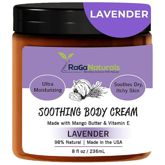 RaGaNaturals Natural Face and Body Butter Cream for Dry Skin - Calming, Nourishing & Hydrating Lavender Body Cream for Women, Men & Kids - Softens Skin and Delivers Healthy-Looking Glow - Vegan - 8 Oz