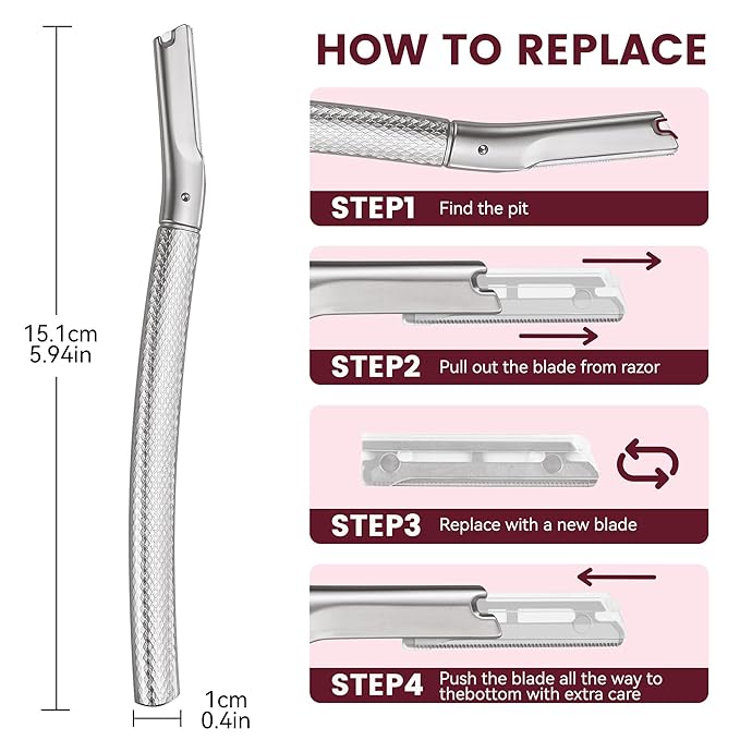 Eyebrow Razor and Face Razor for Women, Reusable Metal Handle with 12 Refill Blades and Protective Silicone Cap, Eyebrow Hair Trimmer - Silver