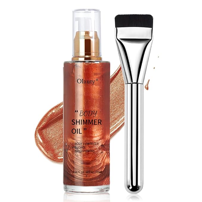 Shimmer Body Oil-Golden Brown Face Brighten Pearl Highlighter Liquid Illuminator Body Glow Oil,4 Color Bronze Makeup Glitter Body Shimmer Oil with Makeup Brush
