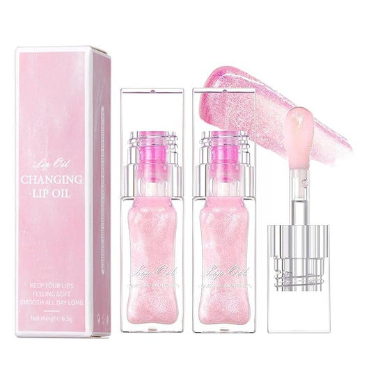 2PCS Magic Color Changing Lip Oil - Big Brush, Long Lasting Shimmery, Warm Change Hydrating Lip Gloss