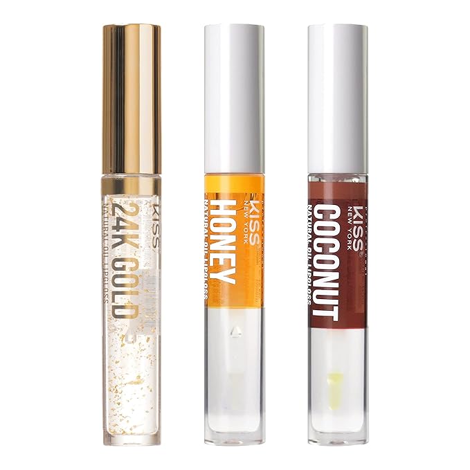 3 PACK Lip Oil Gloss, Hydrating Non-Sticky Lip Oil, 100% Natural Oil Clear Lip Gloss, Lightweight Lip Moisturizer (Gold & Honey & Coconut)