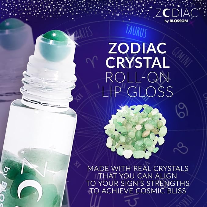 Blossom Zodiac Sign Vanilla Scented Moisturizing Roll-On Lip Gloss with Crystals + pH Technology Color Changing Crystal Strawberry Scented Lip Balm, 2 Pack Bundle, Taurus/Turquoise