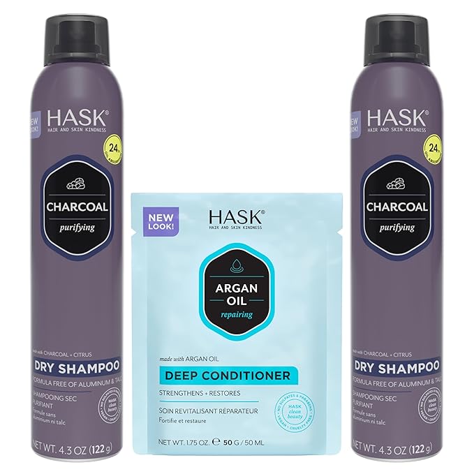 HASK Charcoal Clarifying Dry Shampoo Duo (4.3oz-Qty 2) & Argan Oil Repairing Deep Conditioner Packette, Aluminum-Free, Sulfate-Free, Paraben-Free, Color Safe, for All Hair Types