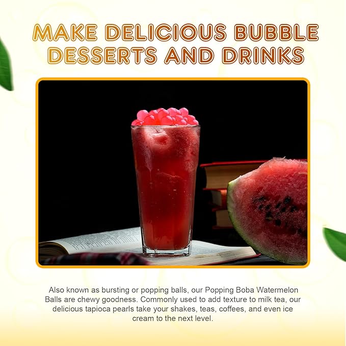Fanale Watermelon Popping Boba Pearls, Vegan, Non GMO, Gluten Free, Fat Free, Perfect for Bubble Tea, Smoothies, Ice Cream, Desserts, and Beverages.