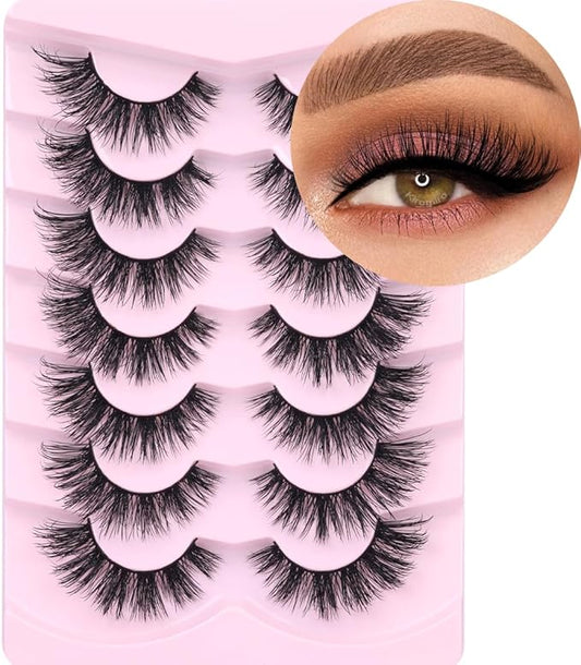 Mink Lashes False Eyelashes Natural Look Wispy Cat Eye Flat Lashes 3D Mink Lashes Natural Fake Lashes 18mm Strip Lashes Pack 7 Pairs