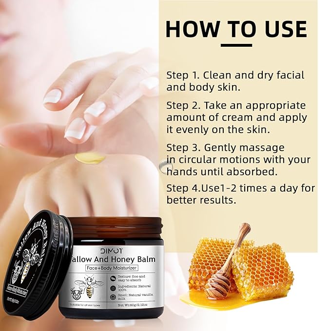 Beef Tallow for Face Skin, Tallow and Honey Balm for Skin Honey Butter Faces & Body Cream For Skins Firming & Hydrating Balm Care Tallows Face Moisturizer Cream, 2.12 Oz, 1PC