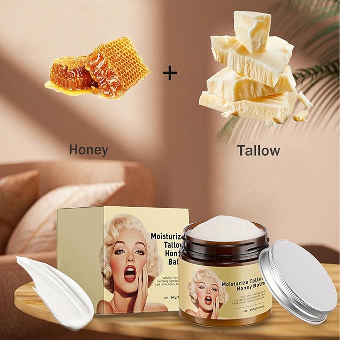 Whipped Beef Tallow and Honey Balm, Grass-Fed Beef Tallow & Raw Wild Honey Blend Moisturizer, 3.5oz, Tallow Face Moisturizer Body & Face Moisturizer Infuses the Body with honey To Moisturize the Skin