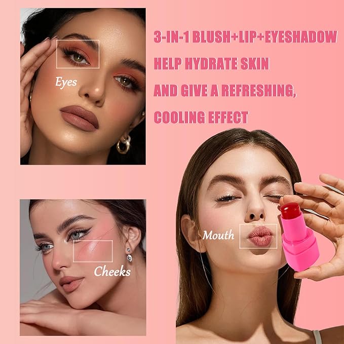 Water Jelly Tint Blush, 3-In-1 Multi-Use Blush Cream Blush Stick for Eyes, Cheeks & Lips, Hydrating & Bouncy Jelly Texture, Blends Perfect for Skin Portable Multipurpose Long Lasting Waterproof(01, s)