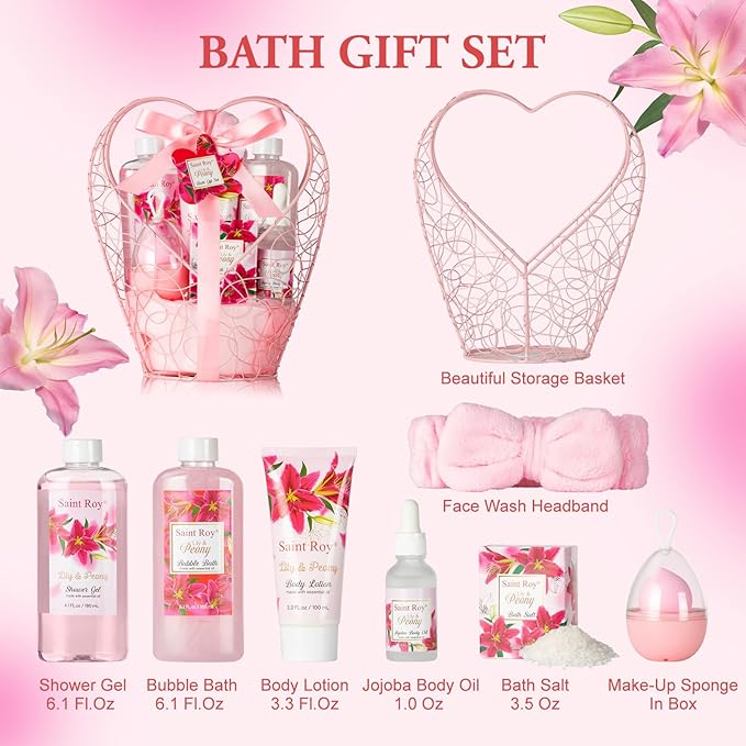 Gift Basket For Women, Mother's Day Gift for Mom Spa Set Lily & Peony Home Spa Set, Beauty Personal Care Set Jojoba Oil, Spa Self Care Kit, Bath Body For Thank You, Birthday, Mom, Anniversary Gift