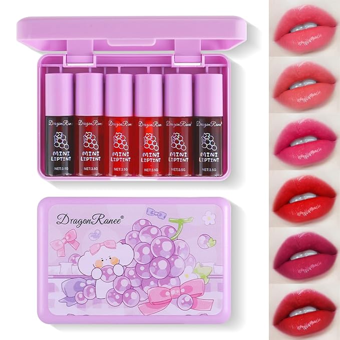 6 Colors Grapes Lip Tint Stain Set, Korean Velvet Lip Stain Watery Lip Stain Moisturizing Mini Liquid Lipstick Set, Long Wearing, Non-Stick Cup, Waterproof, High Pigment, Lip Tint Makeup