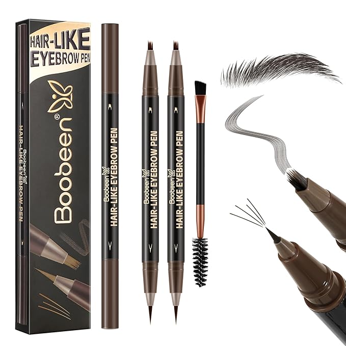Boobeen 2pcs Waterproof Eyebrow Pen，Dual-Ended Eyeliner Microblading Eyebrow Pencil for Women，Long Lasting Hair-Like Brow Pen with Brow Brush，Dark Brown