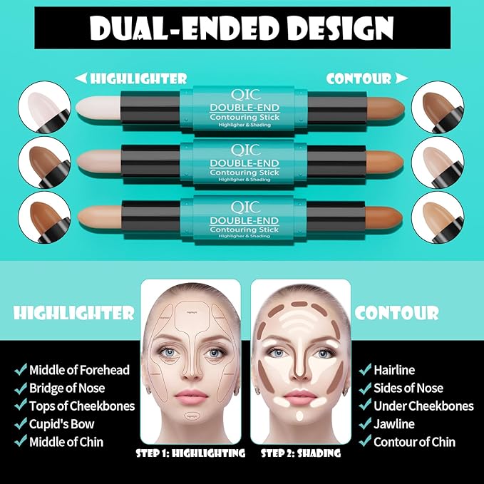 MEICOLY 2-in-1 Highlighter Contour Stick,Cool Toned Contour Stick,Makeup Highlighter Stick,Long Lasting Waterproof Bronzer Contour Pencil,Travel Cream Face Shaping Stick,01