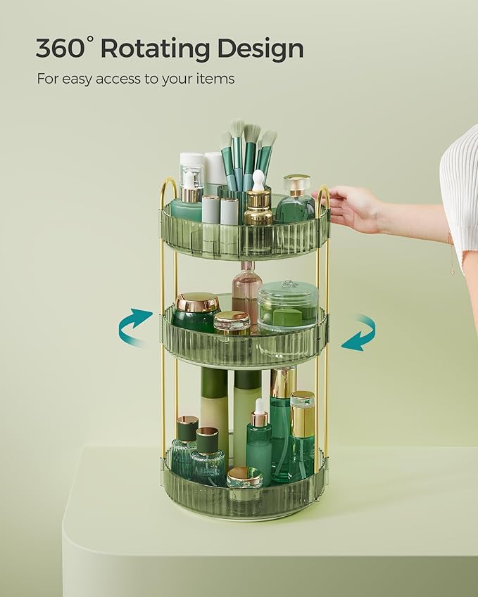 SONGMICS Makeup Organizer, 3-Tier Round Rotating Skincare Organizer Countertop, Customizable, Toiletries Vanity Organizer, Lazy Susan, Gift, Pale Green UJKA011C01