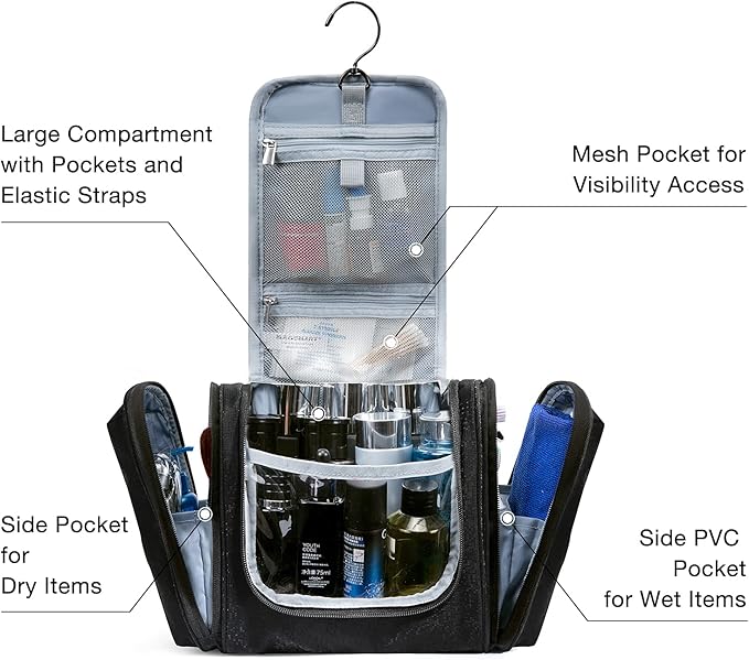 BAGSMART Toiletry Bag for Men, Travel Toiletry Organizer with hanging hook, Water-resistant Cosmetic Makeup Bag Travel Organizer for Shampoo, Full-size Container, Toiletries, Black-Medium