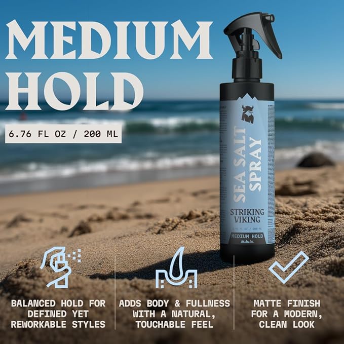 Striking Viking Sea Salt Spray for Men - Medium Hold - 6.76 Fl Oz (200ml) Blue Ocean Scent - Texturizing, Volumizing & Curl Enhancing - Beachy Texture Salt Spray for Hair