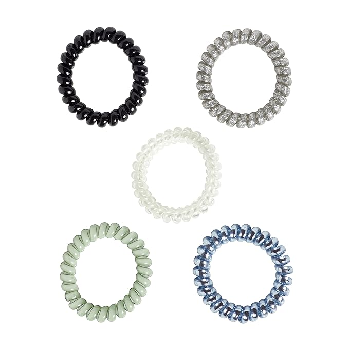 Goody Dentless Spiral Hair Ties, Cool Tones Phone Cord Coils - 5 Ct, Secure Hold Jelly Bands for Medium-Thick Hair for Women & Men