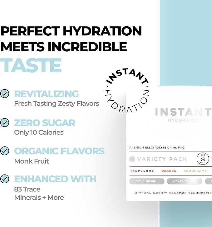 Instant Hydration Electrolytes Powder Packets - Variety Pack - Zero Sugar - Keto, Vegan, Gluten-Free, Non-GMO - Boost Recovery, Brain Function, Muscle & Tissue Health - 12 Sticks