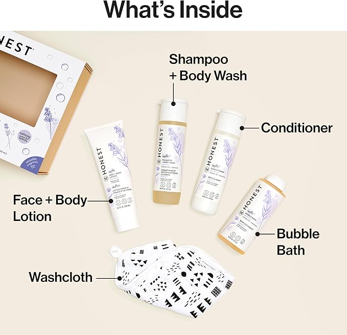 The Honest Company Calming Lavender Bathtime Gift Set | Hypoallergenic Bath Essentials for Sensitive Skin | Shampoo + Body Wash, Face + Body Lotion, Bubble Bath, Conditioner, Wash Cloth