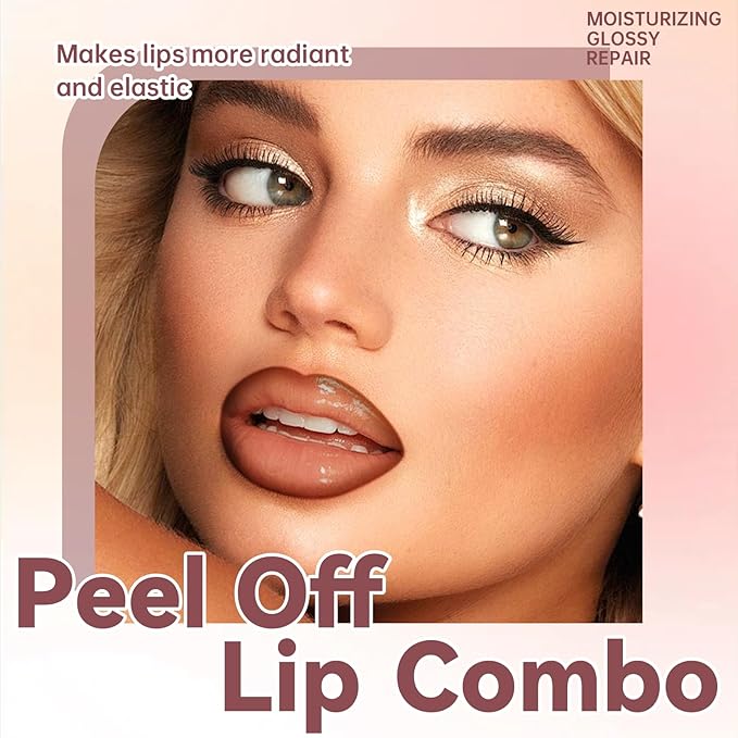 Dark Brown Peel Off Lip Liner Stain Tattoo with Nude Lip Gloss Glow Oil, Non-Stick Cup High Shine Lip Combo Waterproof Long Wear Lightweight Glossy Lipstick Makeup