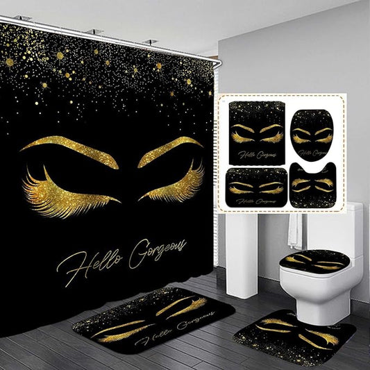 4PCS Unicorn Eyelash Shower Curtain Set, Luxury Gold Glitter Eyebrow Makeup Confetti Hello Gorgeous Glam Modern Fashion Black Women Bathroom Decor, Non-slip Bath Mat Toilet Rug, Gold Eyelash