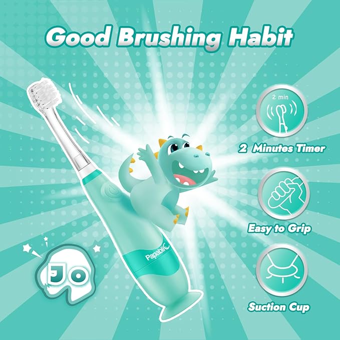 Papablic Toddler Sonic Electric Kids Toothbrush for Ages 1-3 Years, Baby Electric Toothbrush with Cute Dino Cover and Smart LED Timer, 2 Brush Heads (Jo)
