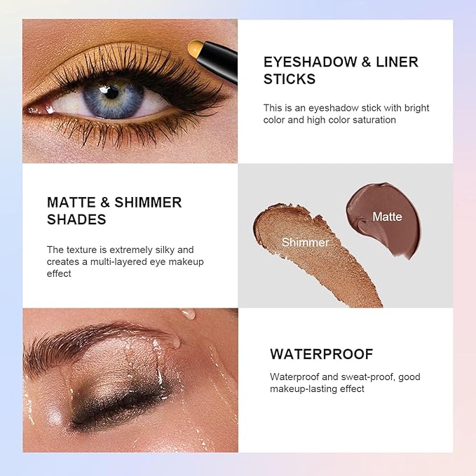 Eyeshadow Stick, Shimmer and Matte Cream Eye Shadow Brightener Sticks Eyeliner Pencil Crayon, Waterproof Long Lasting Eye Highlighter Stick Makeup,0.056 Oz(Matte)