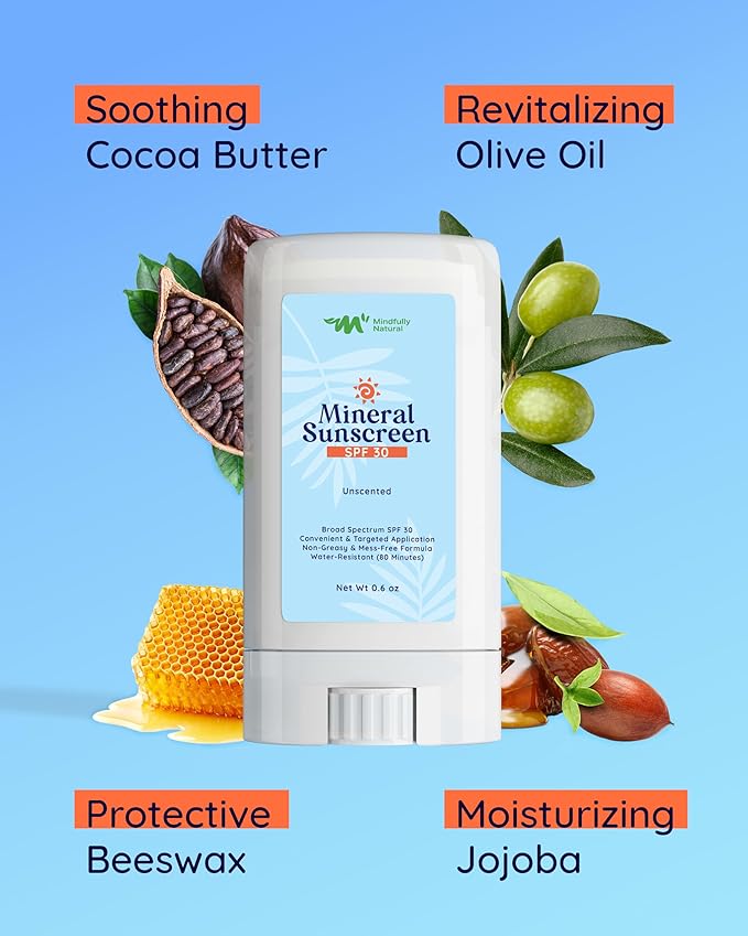 Natural Sunscreen Stick SPF 30 Broad Spectrum Mineral Sunblock for Face & Sensitive Skin - Zinc Oxide 18% Sun Screen Sticks, Travel Size