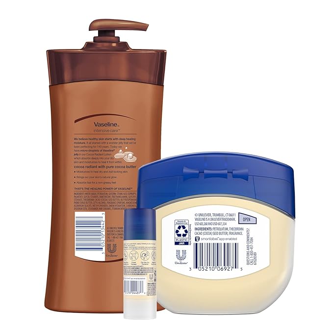 Vaseline Intensive Care Cocoa Radiant Lotion, 20.3 oz Bundled with Moisturizing Healing Jelly Butter, 7.5 and Shimmer Stick, 1.4 oz, Moisturized Skin Light Butter Scent