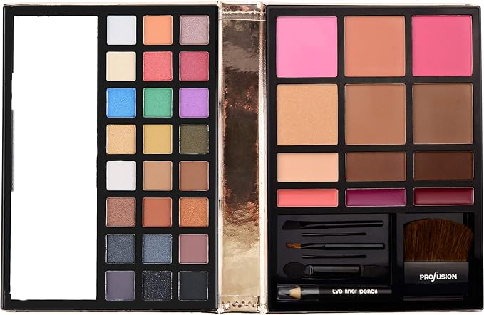 Profusion Cosmetics - Face - Professional Eyeshadow Lip Gloss Blush Highlighter Bronzer Eyebrow Wax Powder Eyeliner Pencil, Brushes Included Makeup Set