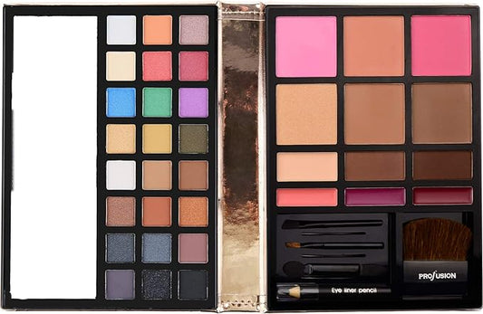 Profusion Cosmetics - Face - Professional Eyeshadow Lip Gloss Blush Highlighter Bronzer Eyebrow Wax Powder Eyeliner Pencil, Brushes Included Makeup Set