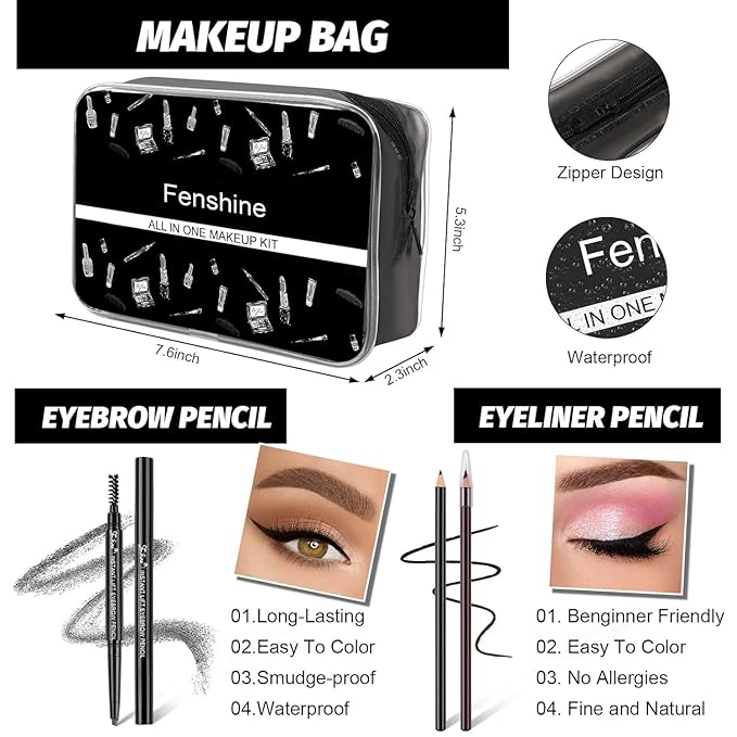 Fenshine All In One Makeup Kit for Women, Full Makeup Gift Set for Beginners, Makeup Essential Starter Bundle Include Eyeshadow Palette Lipstick Eyebrow Pencil Brush Set (Type C)
