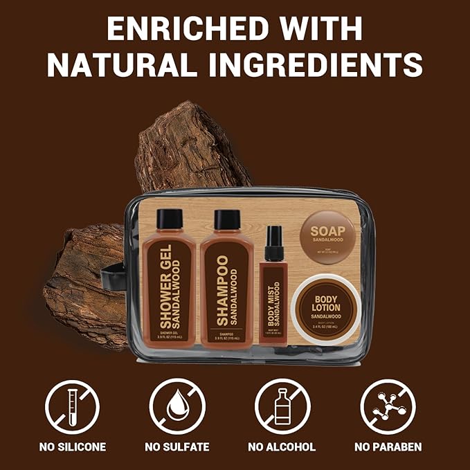 Gift Sets for Men Bath and Body Mens Gifts 6pcs Sandalwood Travel Size sets with Shampoo, Shower Gel, Soap, Body Lotion, Birthday Gifts for Men, Self Care Fathers Day Gifts