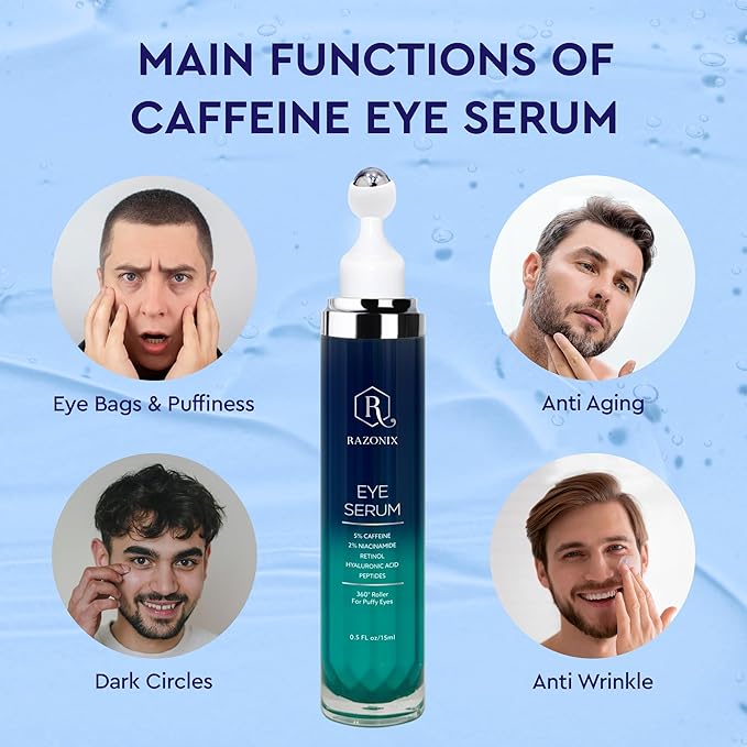 Eye Bags Treatment for Men and Women: Caffeine Eye Cream for Dark Circles – Cooling Roller for Puffiness Reducer (Medium, Unscented)