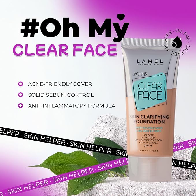 Lamel- Oh my Clear Face Foundation-406 Sand | Contains tea tree extract and salicylic acid |Controls sebum production |Anti-blemish formula |Oil free foundation | 40ml