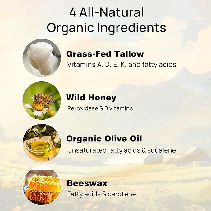 Beef Tallow for Skin 4 OZ, Natural Unscented Tallow and Honey Balm, Grass Fed Beef Tallow for Face and All Skin Types