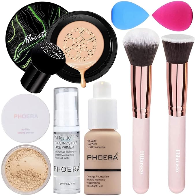 PHOERA Foundation,Mushroom Head Air Cushion CC Cream Natural Foundation, PHOERA Primer, PHOERA Powder, Kabuki Makeup Brushes Foundation Brush Powder Brush (101 Porcelain+01 Ivory CC)