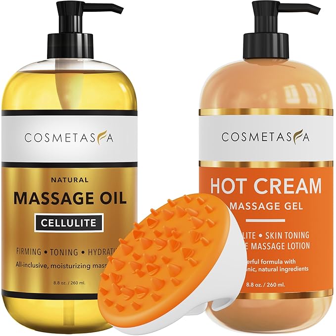 Cellulite Massage Oil, Gel & Mitt - Natural Hot Cream Massage Gel, Oil & Massager - Firm, Tone, Tighten & Moisturize Skin. Soothes Muscles (8.8 oz.)