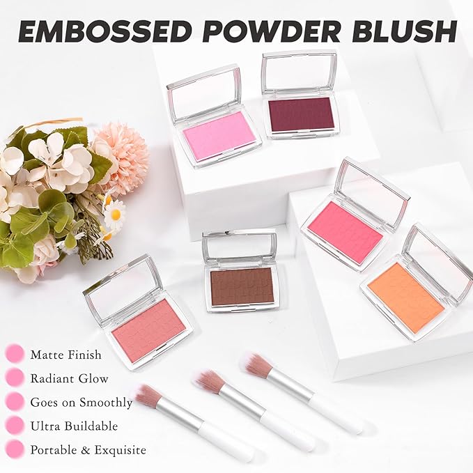 Pink Blush Powder Blush for Cheeks with Brush, Matte Blush Palette Blush Powder Face Blusher, Natural Blendable Formula Silky Lightweight Makeup Blush Rubores de Maquillaje, 001#