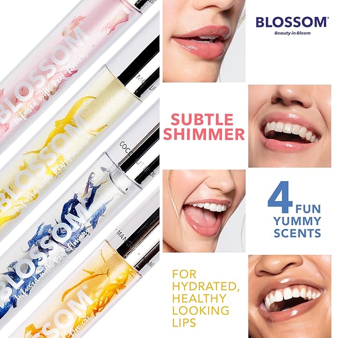 Blossom Moisturizing and Hydrating Shimmer Sparkle Lip Oil with Olive Oil + Grape Seed Oil, Infused with Real Flowers, 3g, Watermelon