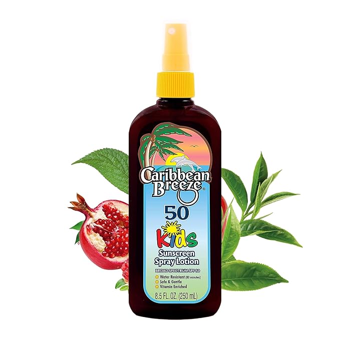 Caribbean Breeze Kids Sunscreen Spray SPF 50 Lotion, Mango Scent Lime Fragrance Tanning Sunscreen Spray On Sunscreen with Green Tea & Pomegranate Extracts, 8.5 oz (250 ml)