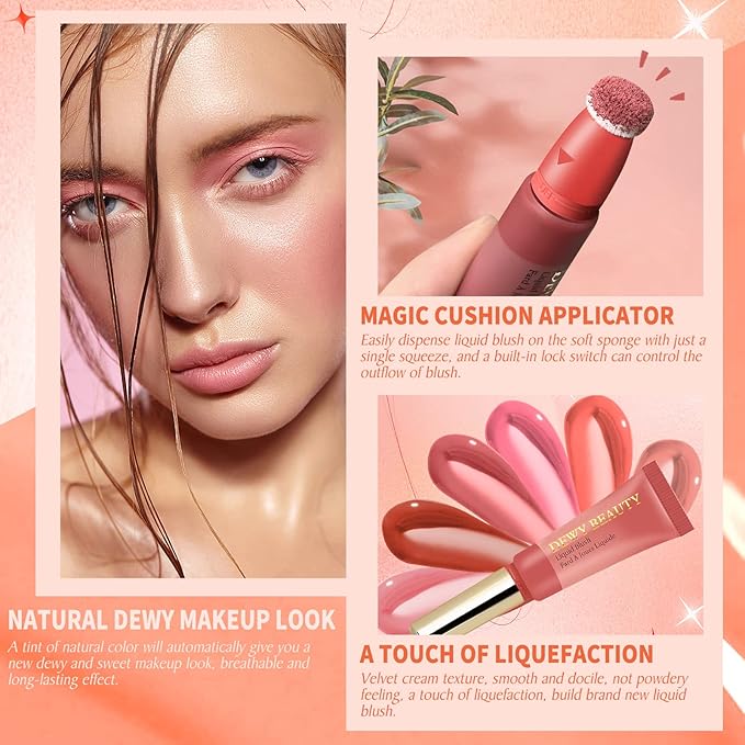 Liquid Blush Makeup Wand, Cream Liquid Blush with Cushion Applicator For Cheeks Tint, Natural-looking, Glow Dewy Finish, Weightless Blendable Liquid Blush Stick | #106 ELEGANT-Soft Pink