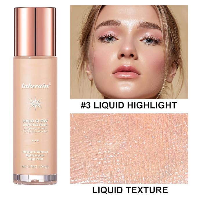 Natural Glow Liquid Filter Makeup, Longwear Face Luminizer, Complexion Booster For Any Part of the Body, Liquid Highlighter with Brush Kit, Infused Hyaluronic Acid, 1.06 fl oz (#03 LIGHT/MEDIUM)
