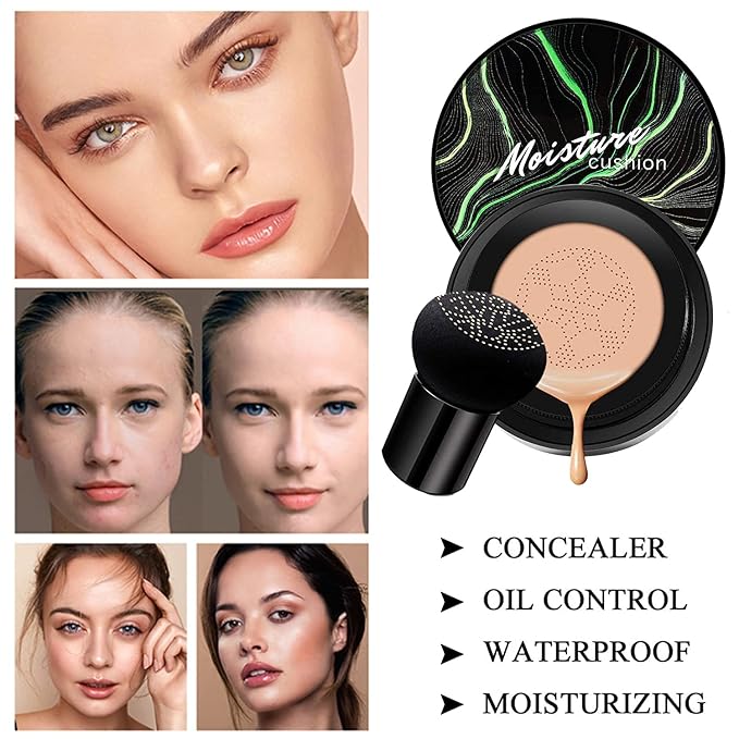 Mushroom Head Air Cushion CC Cream Nature Foundation,Moisturizing BB Cream Makeup Long Lasting Matte Concealer, Bright Makeup Base Long Lasting with Mushroom Makeup Sponge(#05 Sand)