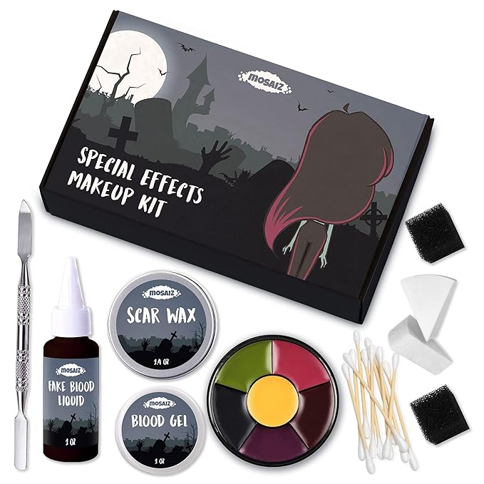 SFX Makeup Kit, Special Effects Makeup Kit with Fake Blood and Scar Wax, Makeup Sponges and Skin Spatula, Zombie Makeup Kit